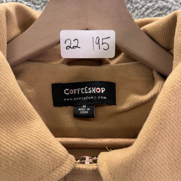 Coffee Shop Coat Womens Medium tan Long Sleeve Button Up Jacket faux fur hooded - Picture 4 of 15